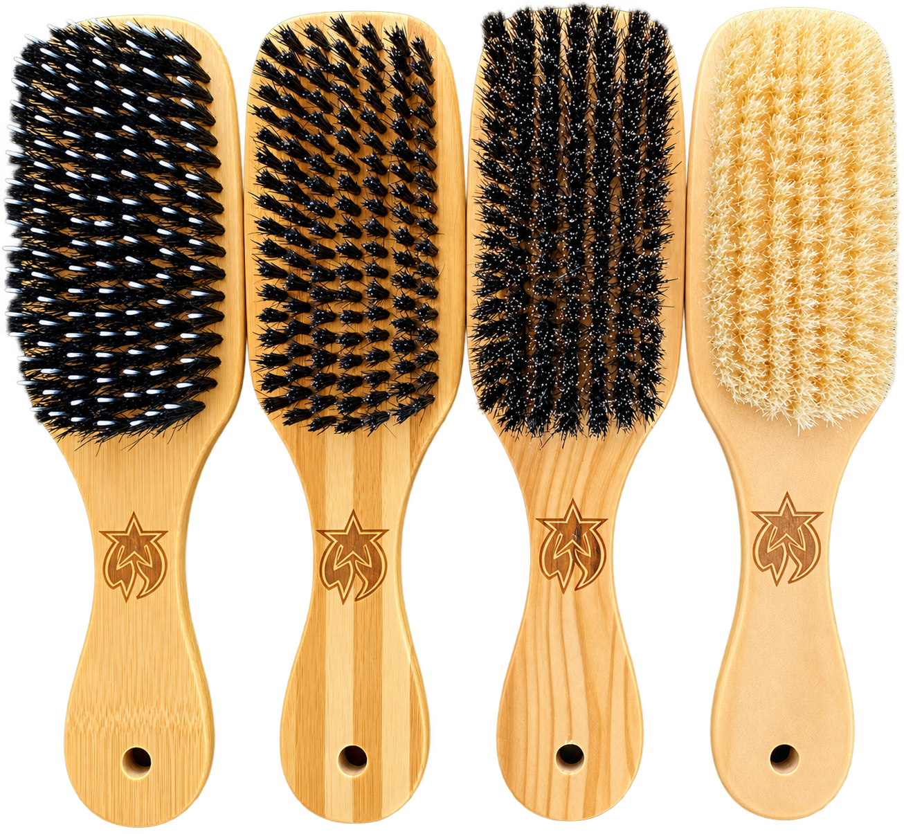 Surefire Youth Quad Star Pack: four wooden-handled wave brushes with different bristle types